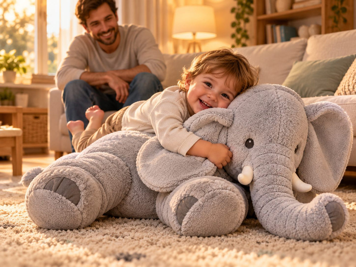 Bambino che abbraccia Elio, il cuscino elefante gigante