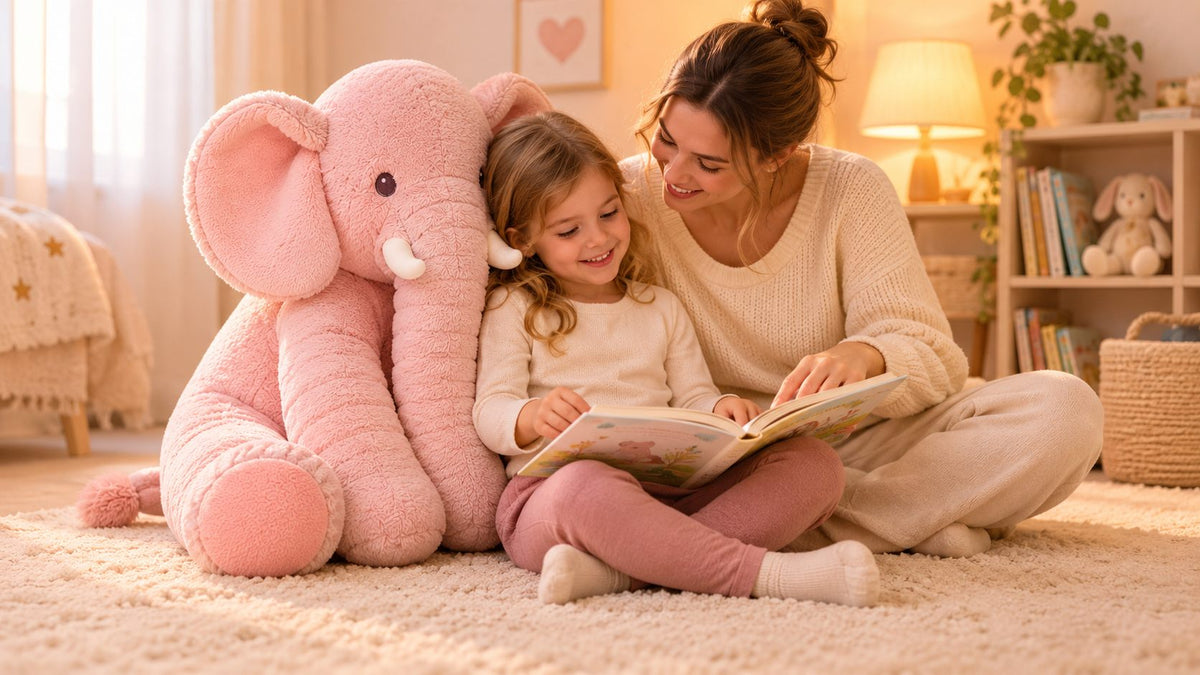 Bambina che legge un libro appoggiata a Elio, il cuscino elefante