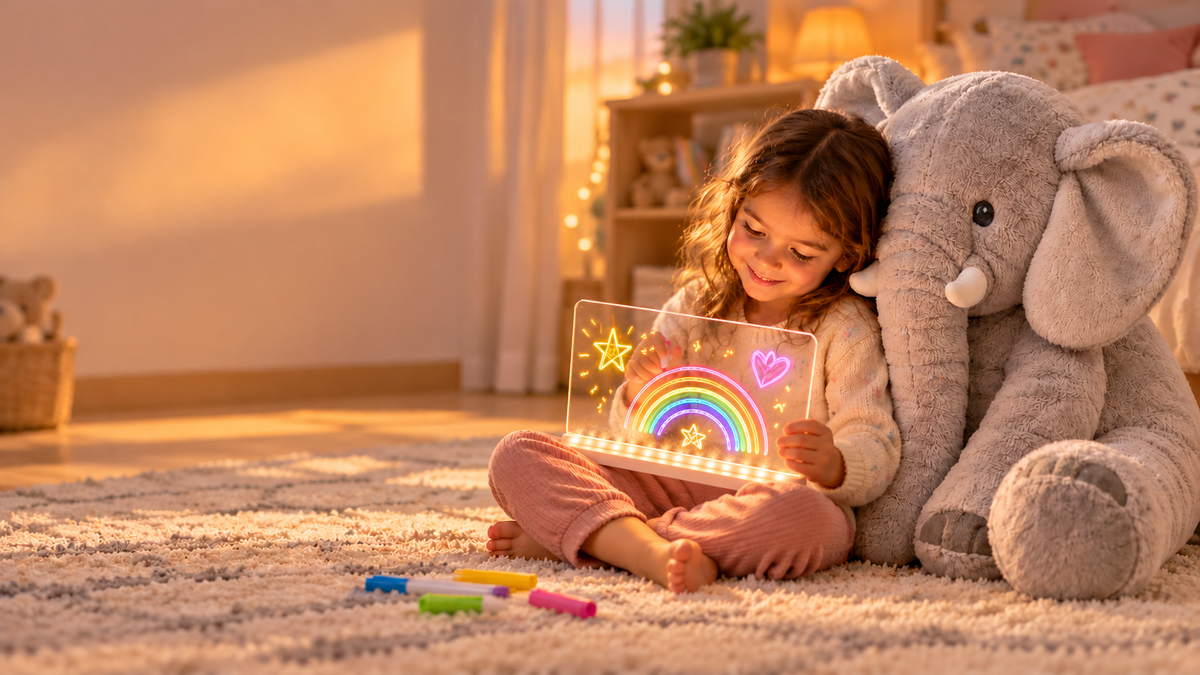Bambina che disegna sulla Lavagnetta luminosa appoggiata a Elio, il cuscino elefante